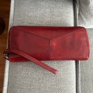 Abercrombie & Fitch Vintage Boho Leather Red Zip Around Wallet Wristlet Band
